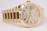 ROLEX NEW YELLOW GOLD DAY DATE 36 PAVED DIAMOND AND RAINBOW BAGUETTE SAPPHIRES 128238RBR