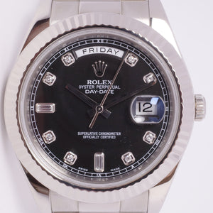 ROLEX WHITE GOLD 41MM DAY DATE II BLACK DIAMOND DIAL BOX & PAPERS 218239