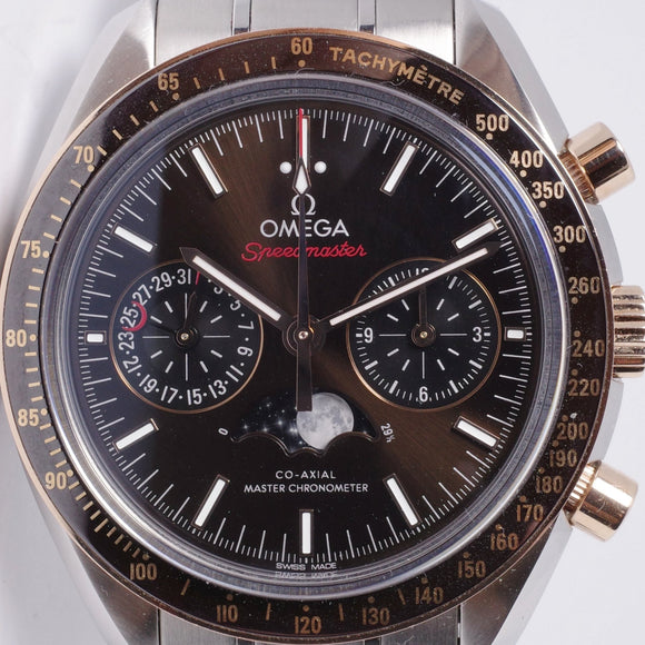 OMEGA SPEEDMASTER MOONPHASE CHRONOGRAPH STEEL & SEDNA GOLD MINT BOX & PAPERS
