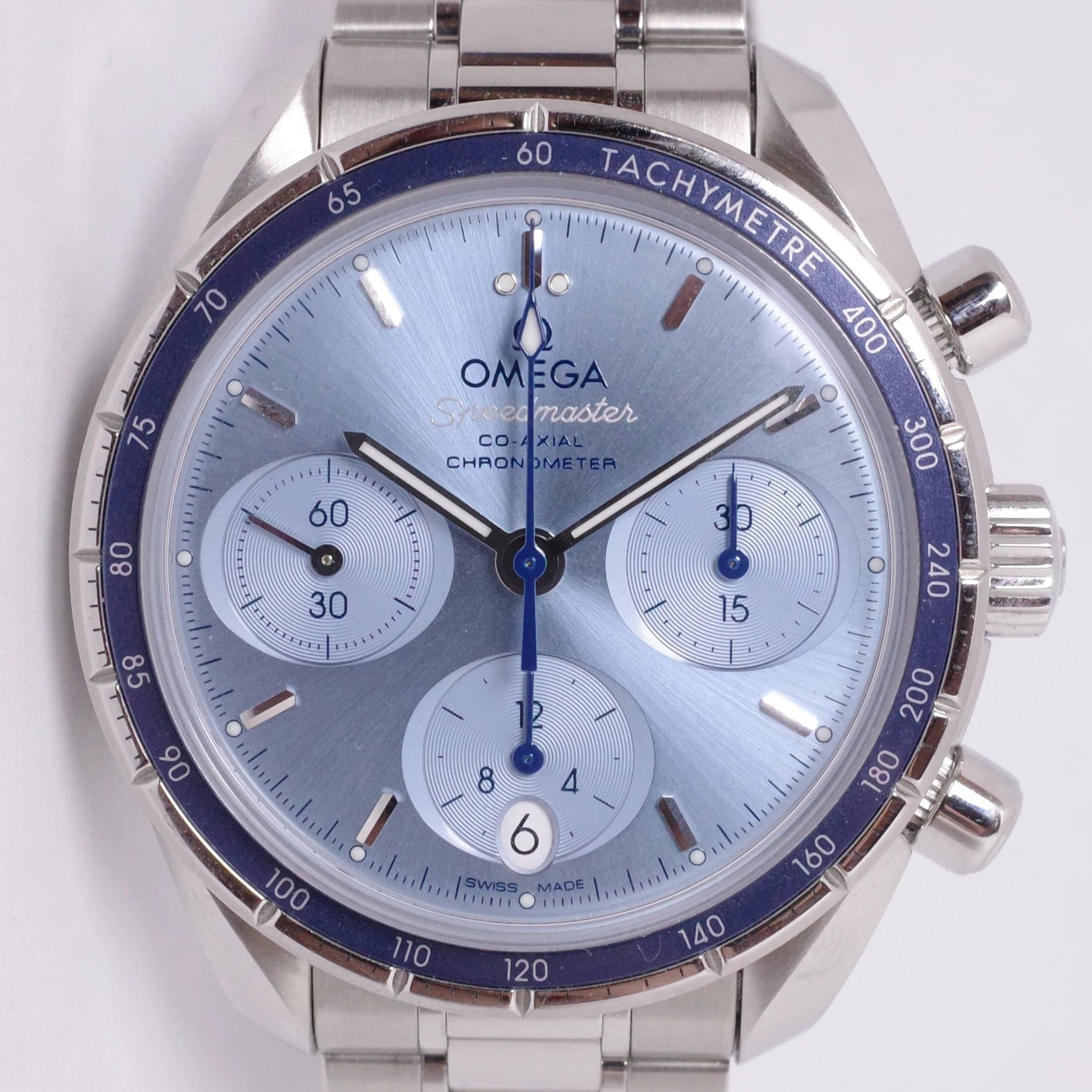 OMEGA SPEEDMASTER 38 COAXIAL CHRONOMETER SUNBURST ICE BLUE DIAL BOX & – Honolulu Time