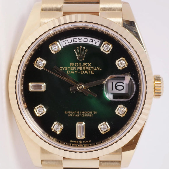 ROLEX YELLOW GOLD DAY-DATE PRESIDENT 36 GREEN OMBRE DIAMOND DIAL MINT BOX & PAPERS 128238