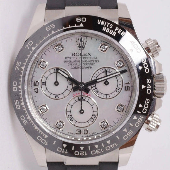 ROLEX 2021 WHITE GOLD DAYTONA MOTHER OF PEARL DIAMOND DIAL OYSTER FLEX 116519LN MINT BOX & PAPERS