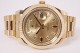ROLEX 41mm YELLOW GOLD DAY-DATE II CHAMPAGNE BAGUETTE DIAMOND & RUBY DIAL  218238