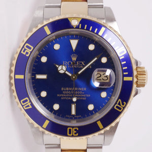ROLEX TWO TONE SUBMARINER BLUE SHARP MINT LIKE NEW CONDITION BOX & PAPERS 16613