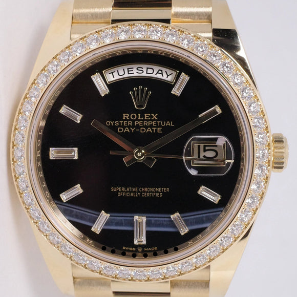 ROLEX NEW 2022 DAY DATE 40 ONYX BAGUETTE DIAMOND DIAL PAVE DIAMOND BEZEL 228348RBR BOX & PAPERS