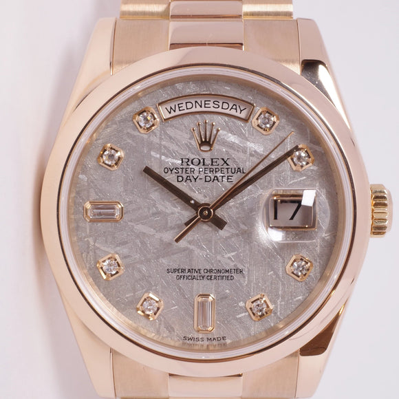 ROLEX ROSE GOLD DAY-DATE PRESIDENT METEORITE DIAMOND DIAL MINT SET COMPLETE BOX & PAPERS 118205