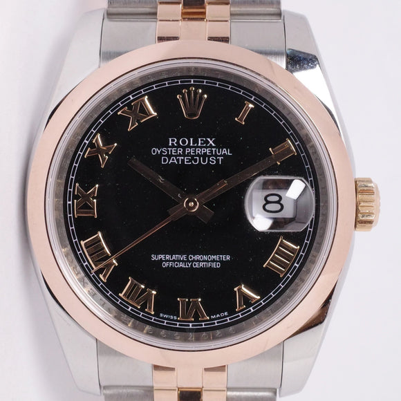 ROLEX 36mm TWO TONE ROSE GOLD & STAINLESS, SMOOTH BEZEL 116201 BLACK ROMAN DIAL JUBILEE BRACELET