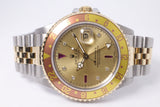 ROLEX GMT MASTER II TWO TONE YELLOW GOLD & STEEL ROOT BEER JUBILEE 16713 SERTI DIAMOND RUBY DIAL