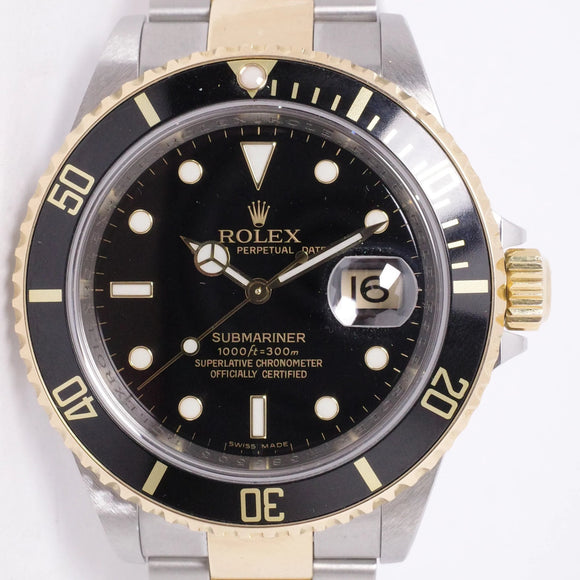 ROLEX TWO TONE SUBMARINER BLACK 16613 BOX & PAPERS