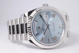 ROLEX NEW 2023 PLATINUM DAY-DATE 40 FLUTED BEZEL ICE BLUE ROMAN DIAL 228236 BOX & PAPERS. (AVAILABLE BY ORDER)