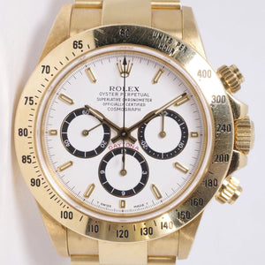 ROLEX YELLOW GOLD ZENITH DAYTONA WHITE INVERTED 6 DIAL, UNPOLISHED, 16528 COMPLETE SET