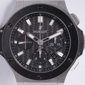 HUBLOT BIG BANG STAINLESS STEEL , CERAMIC BEZEL, CARBON FIBER DIAL BOX & PAPERS