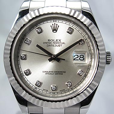 ROLEX DATEJUST II STAINLESS STEEL FLUTED WHITE GOLD BEZEL SILVER DIAMOND DIAL 116334