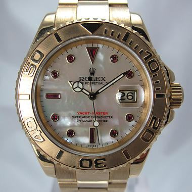 ROLEX 16628 18K YELLOW YACHTMASTER MOTHER OF PEARL & RUBY DIAL