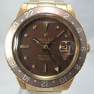 ROLEX YELLOW GOLD GMT NO CROWN GUARD NIPPLE DIAL ROOTBEER 1675